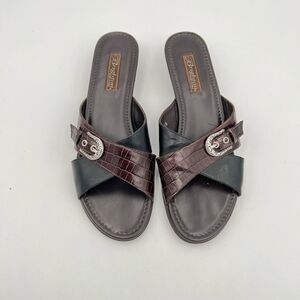Brighton Lorna Brown Black Leather Sandals Wedge Slides Mules Size 9.5 Western
